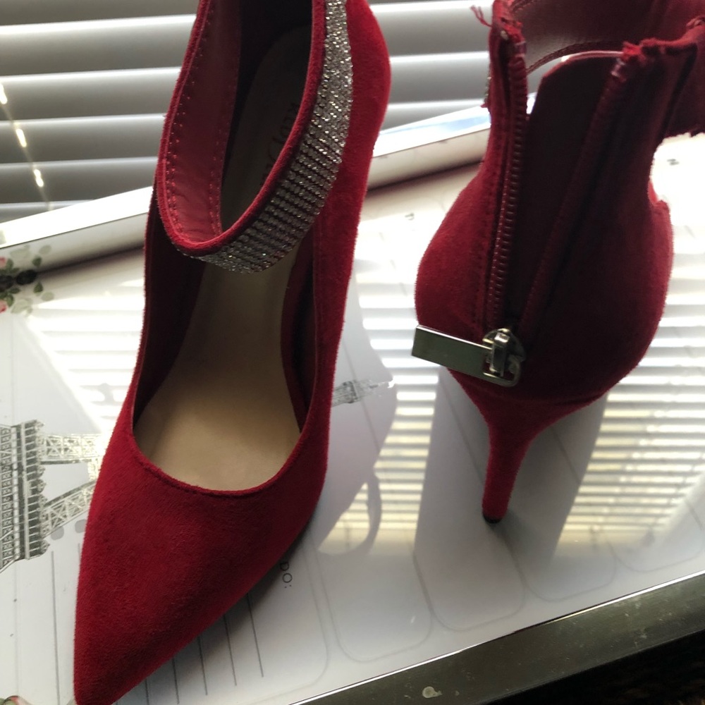 Red rhinestone embellished ankle strap heels